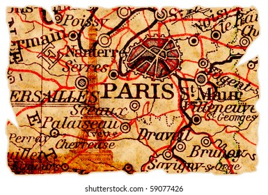 Paris on an old torn map with the eiffel tower, isolated. Part of the old map series.