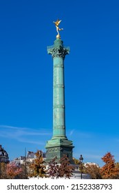 Paris, Place De La Bastille, Column With Statue Of The Golden Angel In Autumn