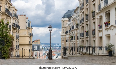 Paris, Romantic Staircase In Montmartre, Typical Buildings And Floor Lamp
