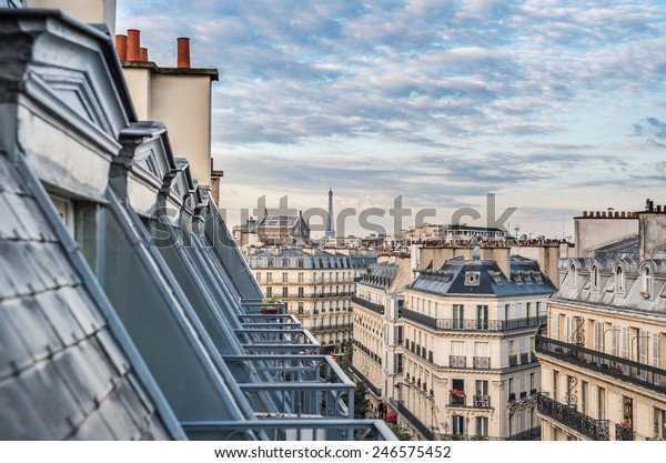 Paris roofs\
with Eiffel Tower in background,\
France
