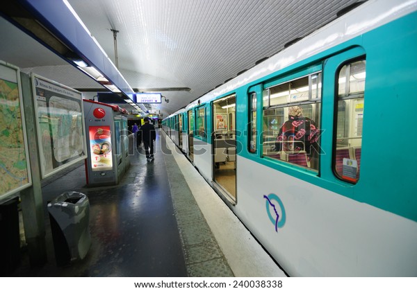 PARIS - SEP 04:\
Paris metropolitain interior on September 04, 2014 in Paris,\
France. The Paris metro or metropolitain is a rapid transit system\
in the Paris metropolitan\
area