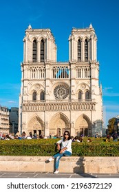 Paris September 2021 Cathedrale Notre Dame De Paris, France Sainte Chapelle At Summer Evening People In The Sunshine At The Notre Dame. 