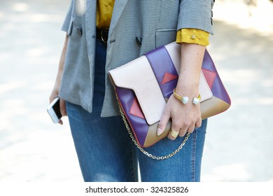 PARIS - SEPTEMBER 30: Colorful Leather Bag Before Yang Li Show, Paris Fashion Week Day 2, Spring / Summer 2016 Street Style On September 30, 2015 In Paris.