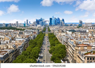 Paris skyline aerial Champs Elysees and La Defense in France