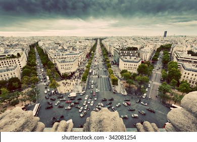 Paris Skyline - Avenue Des Champs-Elysees. View From Arc De Triomphe, Paris, France. Vintage, Retro