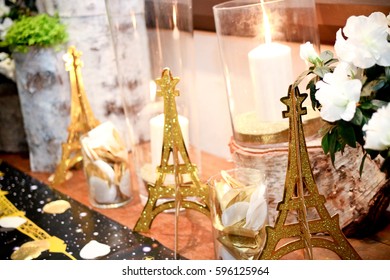 Paris Theme Party Decor Of Paper Eiffel Towers And Romantic Candles