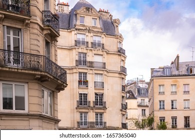 Paris, Typical Facade And Windows, Beautiful Buildings In The Marais
