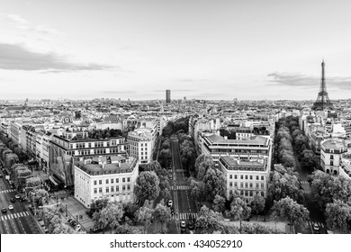 Paris View From Arc De Triomphe De L'Etoile. France. Black And White.