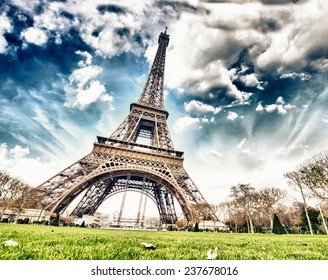 Paris. Wonderful Wide Angle View Of Eiffel Tower From Street Level In December.