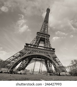 Paris. Wonderful Wide Angle View Of Eiffel Tower From Street Level In December.