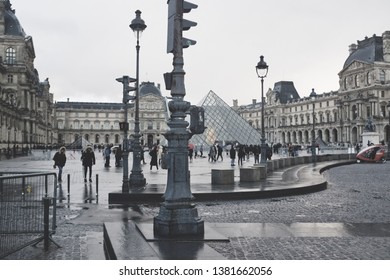 Paris/France - 11/02/2019: The Louvre Museum Withe The Glass Pyramid As The Entrance.