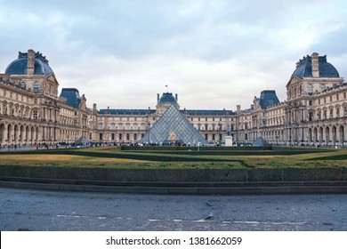 Paris/France - 11/02/2019: The Louvre Museum Withe The Glass Pyramid As The Entrance.