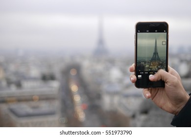 PARIS/FRANCE - 3 January 2017: An iPhone's camera showing the Eiffel Tower in Paris, France. The most recent iPhone model is the iPhone 7.
