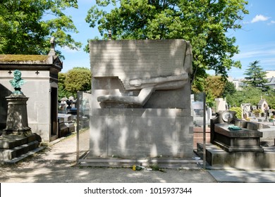 PARIS,FRANCE - AUGUST 1,2017 : The grave of Oscar Wilde at Pere Lachaise cemetery in Paris