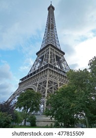 PARIS/FRANCE - SEPTEMBER 17, 2015: Eiffel Tower As Seen From Street Level Looking Northeast. 