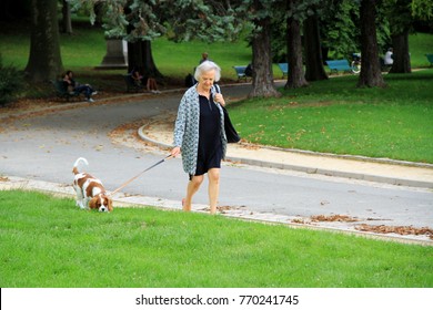 Paris,France-August 25,2017: An Old Woman Walking Her Dog In A Public Park Across The Road In Paris