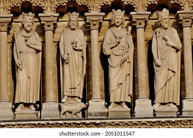 PARIS,FRANCE-June 2013.The Facade And Sculpture Of The Gothic Notre Dame Cathedral-the Symbol Of Paris,one Of The Most Famous Cathedrals In The World.View From Before The Temple Fire On April 15, 2019