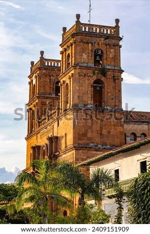 Parish Church of the Immaculate Conception in Barichara, Santander department Colombia. The church's towering bell tower and beautiful windows make it a true masterpiece of colonial architecture.
