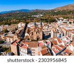 Parish Church of Our Lady of Expectation aerial panoramic view in Orgiva. Orgiva is a town in the Alpujarras area in the province of Granada in Andalusia, Spain.