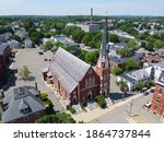 Parish of St. John the Baptist Church aerial view at 17 Chestnut Street in downtown Peabody, Massachusetts MA, USA. 