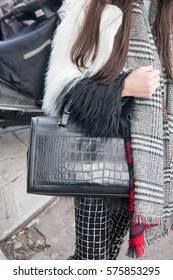 PARIS-JANUARY 25, 2015. Street Fashion Bag. Men's Wear And Haute Couture. Paris Fashion Week.