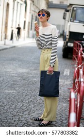 PARIS-JULY 5, 2016. Stylish Woman Is Going To A Fashion Show. Haute Couture. Paris Fashion Week.