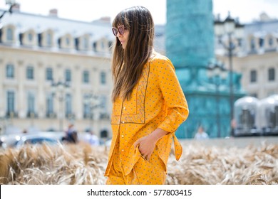 PARIS-JULY 5, 2016. Stylish Woman Is Going To A Fashion Show. Haute Couture. Paris Fashion Week.