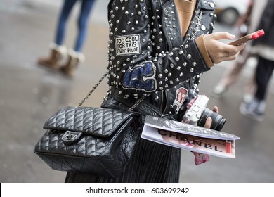 PARIS-MARCH 6, 2017. Street Fashion Bag During Paris Fashion Week. RTW FW17-18.