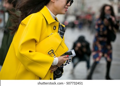 PARIS-MARCH-2, 2016: Stylish Asiatic woman in place de la Bastille before Fashion Show. Paris Fashion week:Ready to wear 2016,2017 is held from March 1 to 9, 2016.
