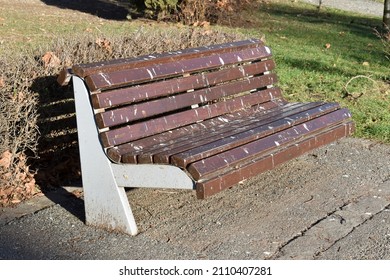 Park bench covered in bird droppings