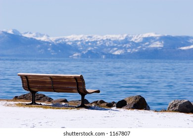 Park Bench On North Shore Of Lake Tahoe