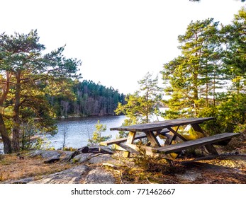 Park Bench On Top Of A Mountain With View Over A Fjord, Pine Trees On The Sides With No People 