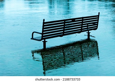 Park bench submerged in river, reflecting in flood water 