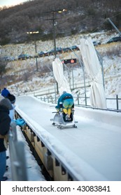 PARK CITY, UTAH - DECEMBER 5: Australian Bobsled Team Pushes Off At The Start Of The Four Man Bobsled Race At The America's Cup Bobsled Races December 5, 2009 In Park City, Utah.