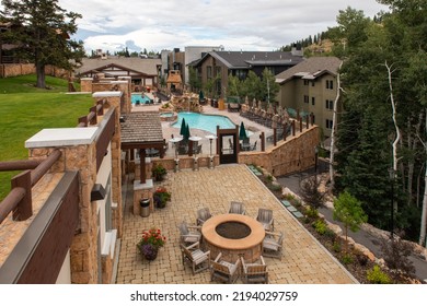 Park City, Utah \ USA August 22 2022 Pool Area View Stein Eriksen Lodge Deer Valley Resort