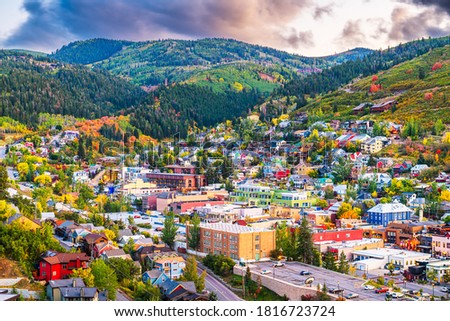 Park City, Utah, USA downtown in autumn at dusk.