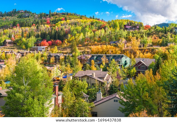 Park\
City, Utah, USA town cityscape in the autumn\
season.