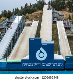 Park City, Utah/USA - Oct. 6,2018: Practice Ramps For Freestyle Skiers At Utah Olympic Park