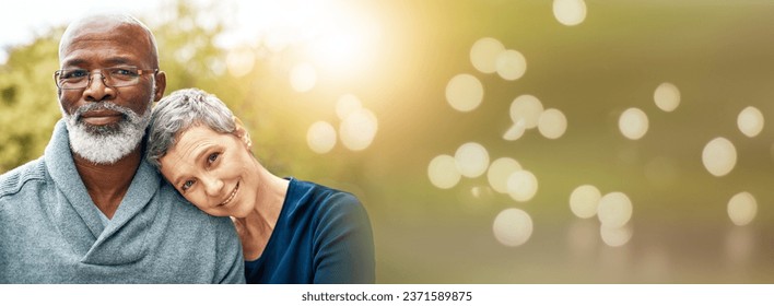 Park, diversity portrait and mature happy couple relax, care and outdoor bonding, romance and nature sunshine. Mockup space, bokeh and banner woman, black man or marriage people care, smile and trust - Powered by Shutterstock