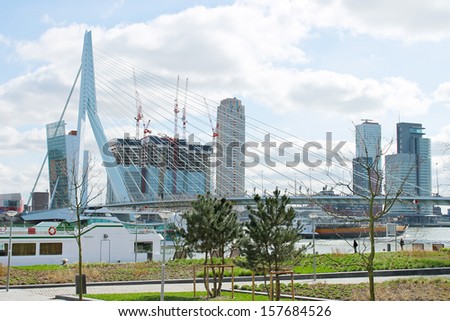 The park and embankment near the bridge Erasmus of Rotterdam. Netherlands