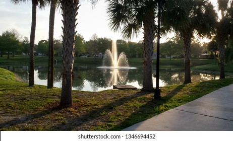 Park fountain in early morning light