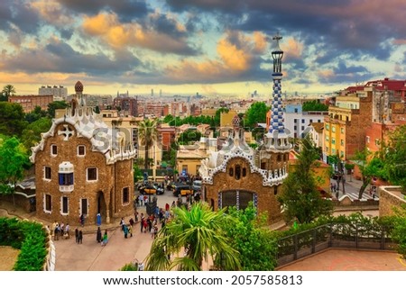 Park Guell in Barcelona, Catalunya, Spain. Architecture and landmark of Barcelona. Skyline of Barcelona