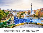 Park Guell in Barcelona, Spain. Beautiful cityscape at sunrise. Famous travel destination