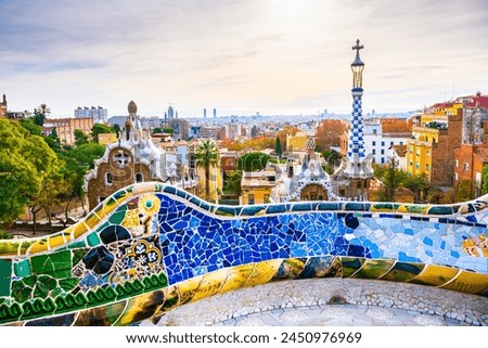 Park Guell in Barcelona, Spain. Beautiful cityscape at sunrise. Famous travel destination