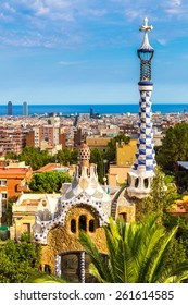 Park Guell By Architect Gaudi In A Summer Day  In Barcelona, Spain.