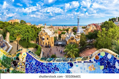 Park Guell By Architect Gaudi In A Summer Day  In Barcelona, Spain.