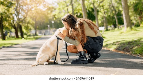 Park, kiss and woman with dog in nature for walking, playing and training outdoors together. Friendship, animal rescue and happy person with pet Labrador for behavior, bonding and fun together - Powered by Shutterstock