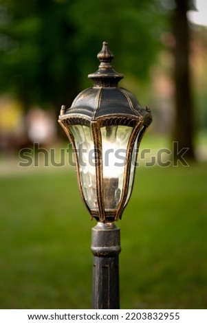 park lantern lights, lamp post in green public space.