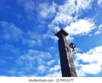 Park Light On A Pole Looks Beautiful With Blue Sky Background. Outdoor Park Garden Lighting Objects Sunny Day. Background Template Copy Space.