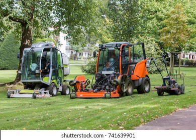 Park maintenance of the green areas with ride-on mower